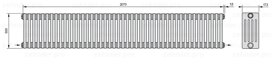 Схема (чертеж) Радиатор Zehnder Charleston 5050/45 №2670 Белый глянцевый RAL 9016